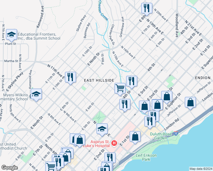 map of restaurants, bars, coffee shops, grocery stores, and more near 1225 East 6th Street in Duluth