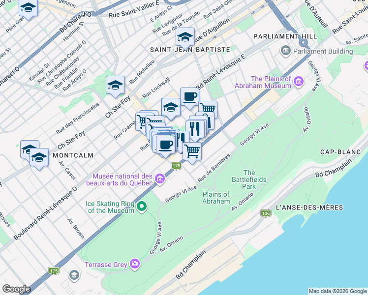 map of restaurants, bars, coffee shops, grocery stores, and more near 140 Grande Allée in Québec