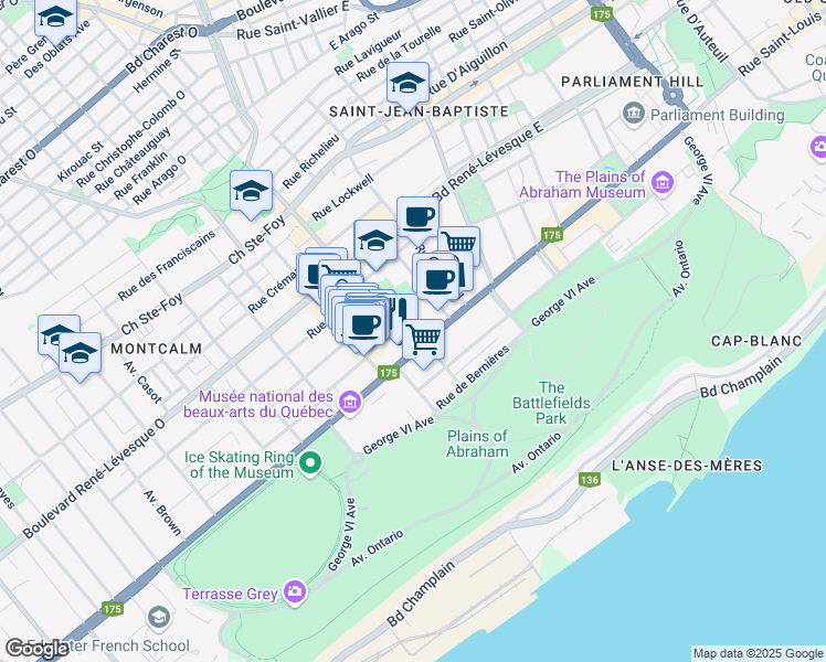 map of restaurants, bars, coffee shops, grocery stores, and more near 80 Grande Allée Est in Québec