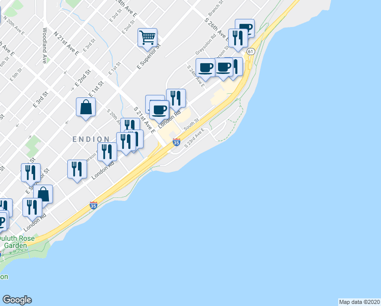 map of restaurants, bars, coffee shops, grocery stores, and more near 2126 East Water Street in Duluth
