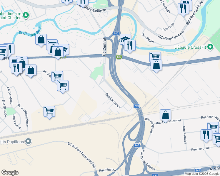 map of restaurants, bars, coffee shops, grocery stores, and more near 1035 Boulevard Central in Québec