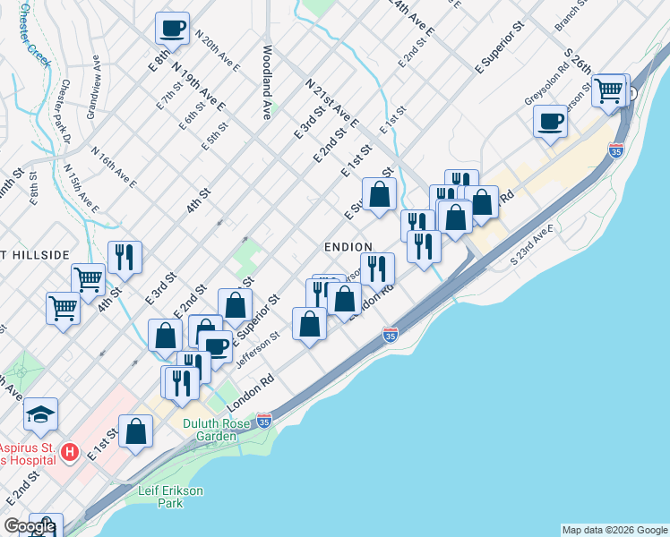 map of restaurants, bars, coffee shops, grocery stores, and more near 201 South 18th Avenue East in Duluth