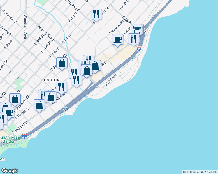 map of restaurants, bars, coffee shops, grocery stores, and more near 2126 East Water Street in Duluth