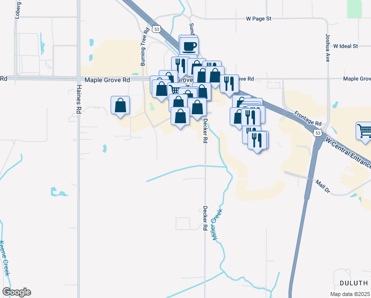 map of restaurants, bars, coffee shops, grocery stores, and more near 4715 Decker Road in Duluth