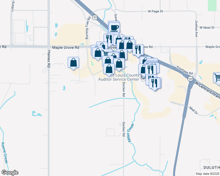map of restaurants, bars, coffee shops, grocery stores, and more near 4715 Decker Road in Duluth