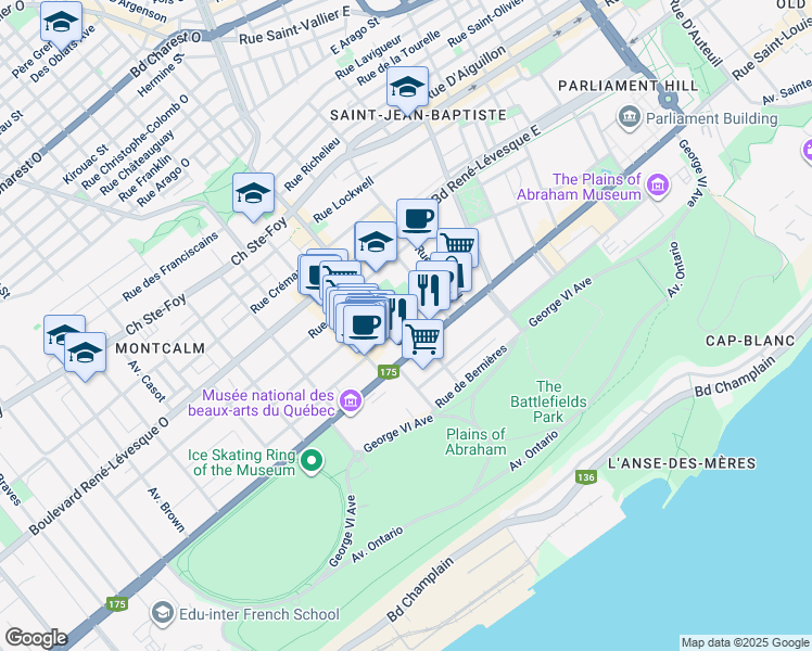 map of restaurants, bars, coffee shops, grocery stores, and more near 80 Grande Allée Est in Québec
