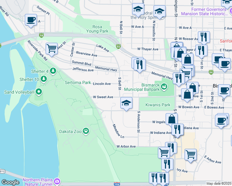 map of restaurants, bars, coffee shops, grocery stores, and more near 901-903 West Sweet Avenue in Bismarck