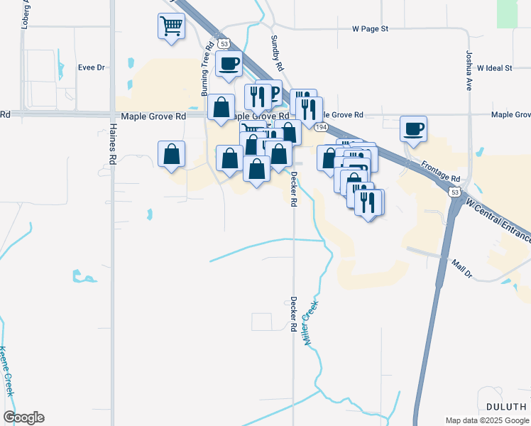 map of restaurants, bars, coffee shops, grocery stores, and more near 4721 Decker Road in Duluth
