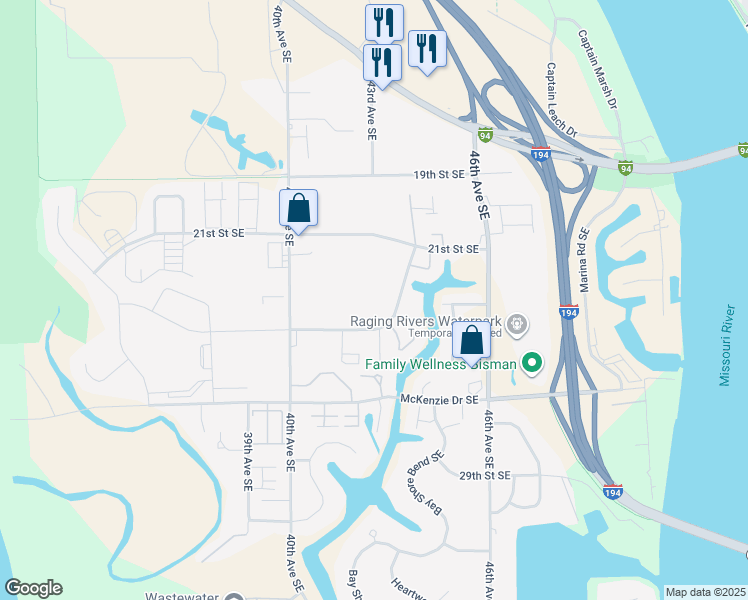 map of restaurants, bars, coffee shops, grocery stores, and more near 4402 Shoal Loop Southeast in Mandan