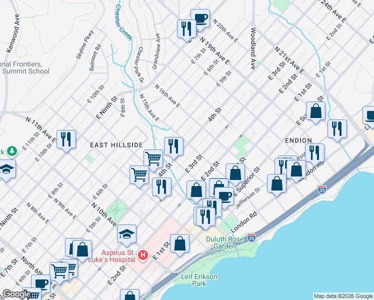map of restaurants, bars, coffee shops, grocery stores, and more near 1417 East 3rd Street in Duluth