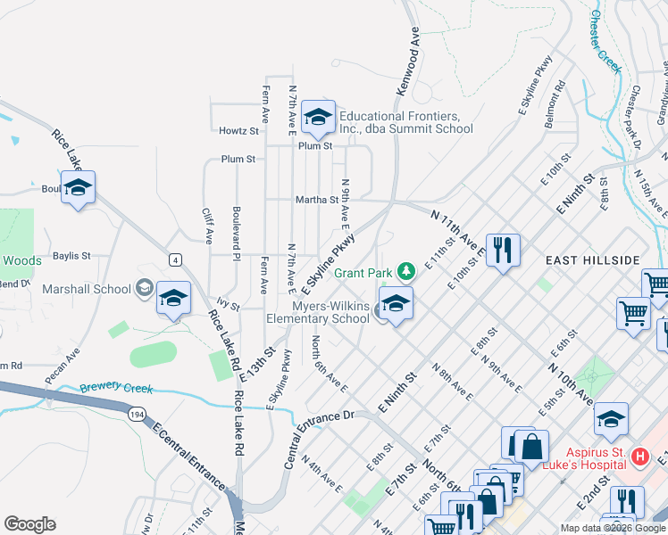 map of restaurants, bars, coffee shops, grocery stores, and more near 718 East Skyline Parkway in Duluth
