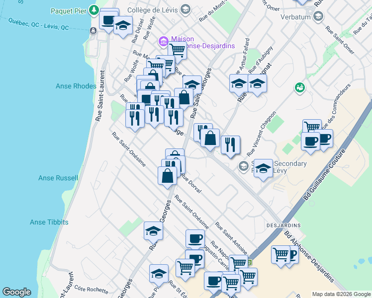 map of restaurants, bars, coffee shops, grocery stores, and more near 5876 Rue Saint-Georges in Lévis