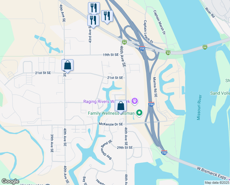 map of restaurants, bars, coffee shops, grocery stores, and more near 2441 Waterpark Loop SouthEast in Mandan