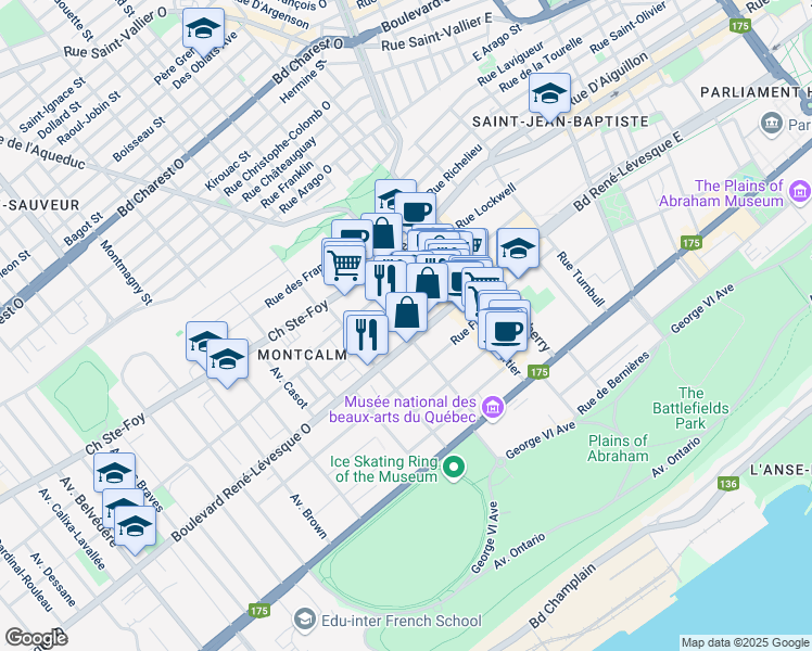 map of restaurants, bars, coffee shops, grocery stores, and more near 989 Avenue de Bourlamaque in Ville de Québec