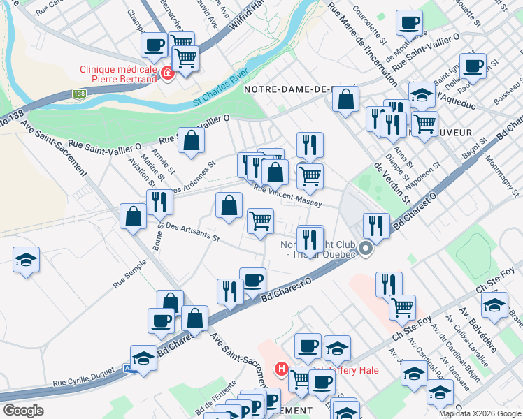 map of restaurants, bars, coffee shops, grocery stores, and more near 1149-1159 Rue Taillon in Ville de Québec