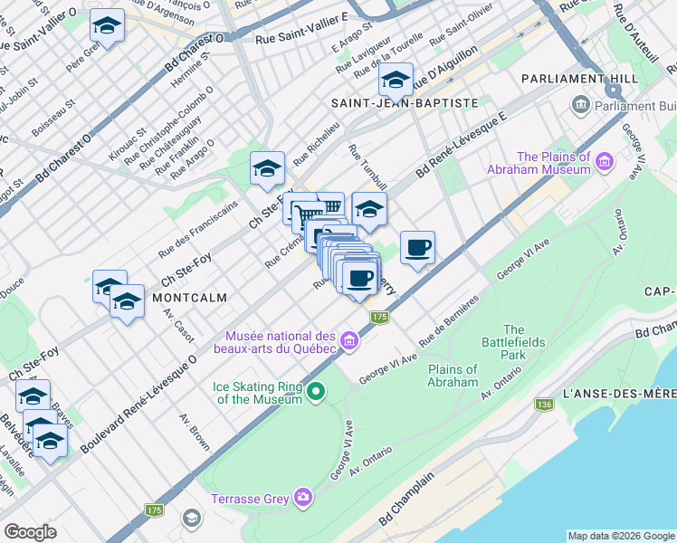 map of restaurants, bars, coffee shops, grocery stores, and more near 1051 Avenue Cartier in Québec