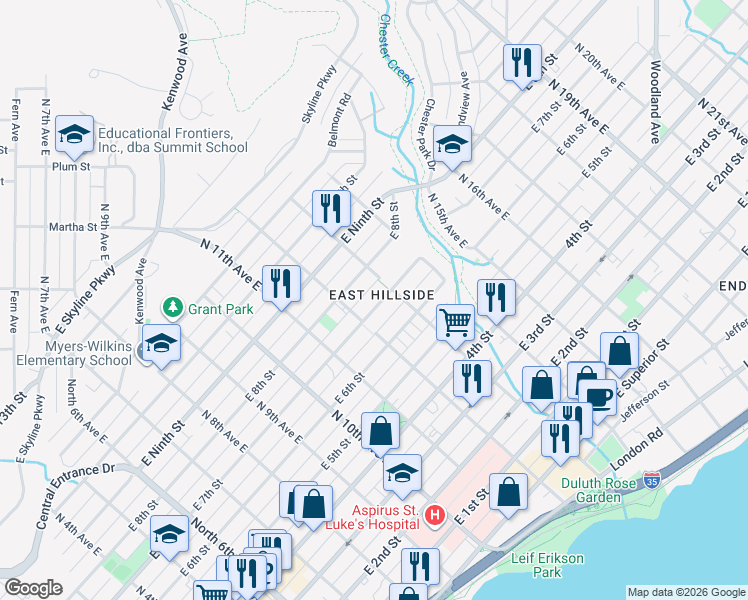 map of restaurants, bars, coffee shops, grocery stores, and more near 1131 East 7th Street in Duluth