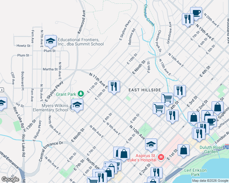 map of restaurants, bars, coffee shops, grocery stores, and more near 819 North 11th Avenue East in Duluth
