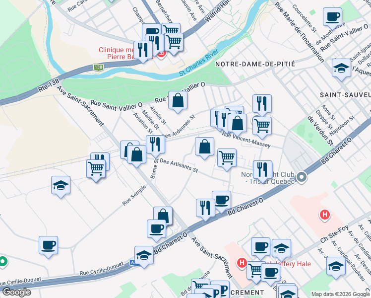 map of restaurants, bars, coffee shops, grocery stores, and more near 1253-1265 Rue Vincent-Massey in Quebec City