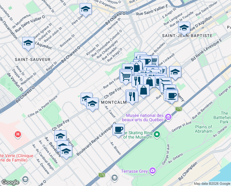 map of restaurants, bars, coffee shops, grocery stores, and more near 355 Chemin Sainte-Foy in Québec