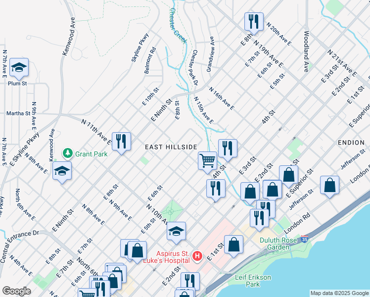 map of restaurants, bars, coffee shops, grocery stores, and more near 614 North 13th Avenue East in Duluth
