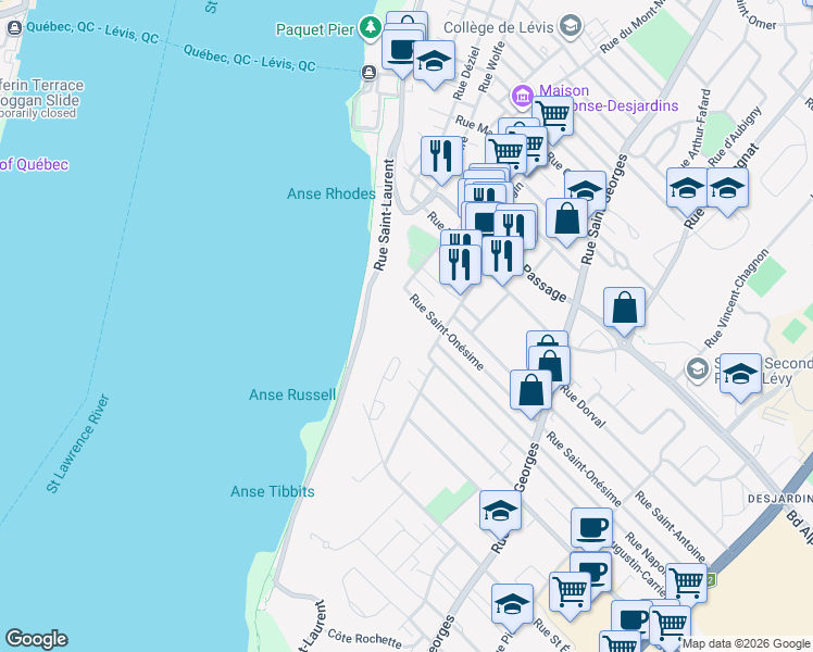 map of restaurants, bars, coffee shops, grocery stores, and more near 5607 Rue Saint-Louis in Lévis