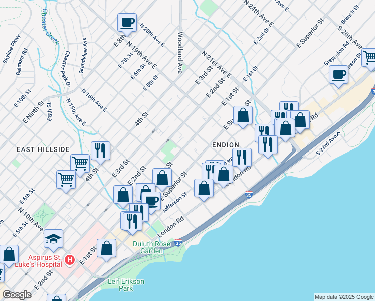 map of restaurants, bars, coffee shops, grocery stores, and more near 1717 East 1st Street in Duluth