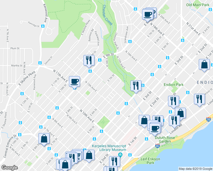 map of restaurants, bars, coffee shops, grocery stores, and more near 1311 East 7th Street in Duluth