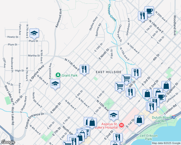 map of restaurants, bars, coffee shops, grocery stores, and more near 919 North 12th Avenue East in Duluth