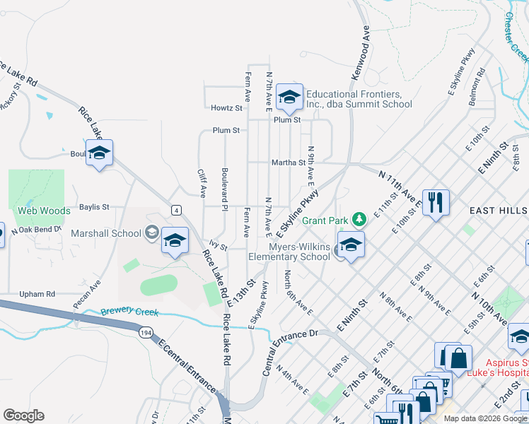 map of restaurants, bars, coffee shops, grocery stores, and more near 1410 North 7th Avenue East in Duluth