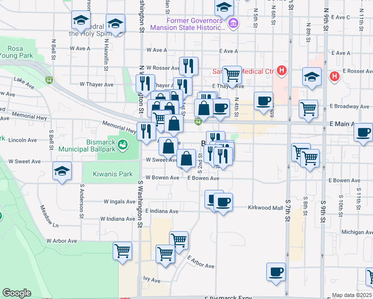 map of restaurants, bars, coffee shops, grocery stores, and more near 201 South 1st Street in Bismarck