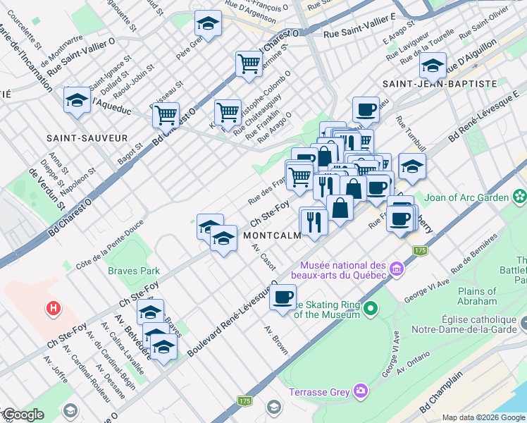 map of restaurants, bars, coffee shops, grocery stores, and more near 350 Chemin Sainte-Foy in Québec