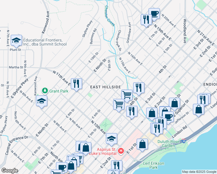 map of restaurants, bars, coffee shops, grocery stores, and more near 1311 East 7th Street in Duluth