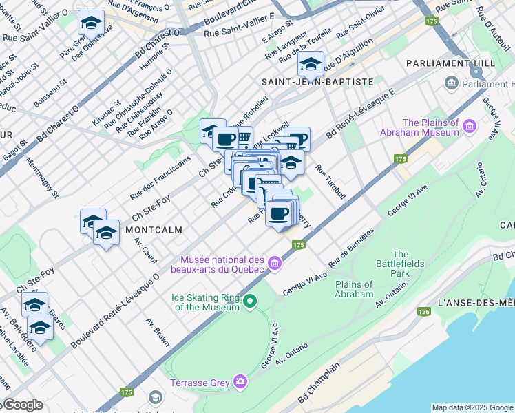 map of restaurants, bars, coffee shops, grocery stores, and more near 1032 Avenue Cartier in Quebec