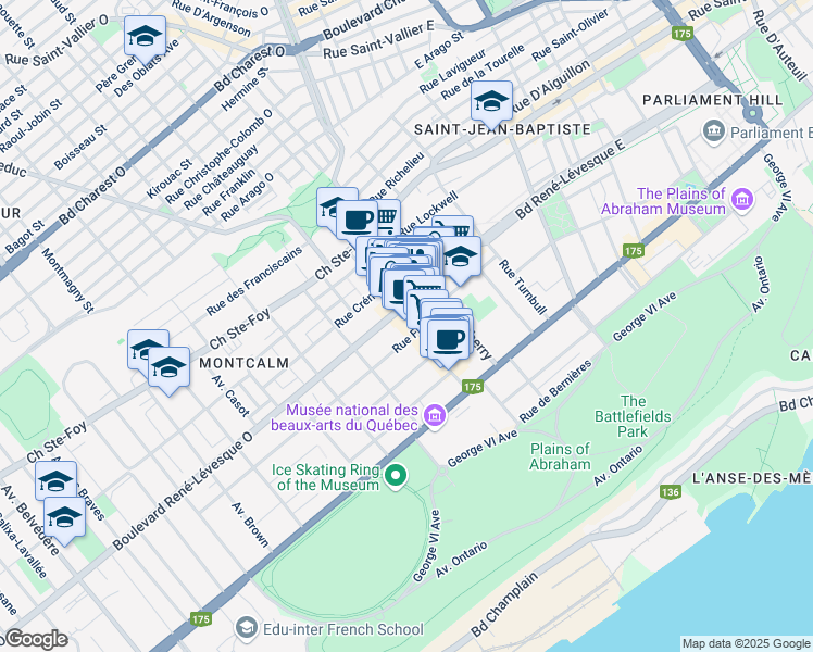 map of restaurants, bars, coffee shops, grocery stores, and more near 1032 Avenue Cartier in Québec