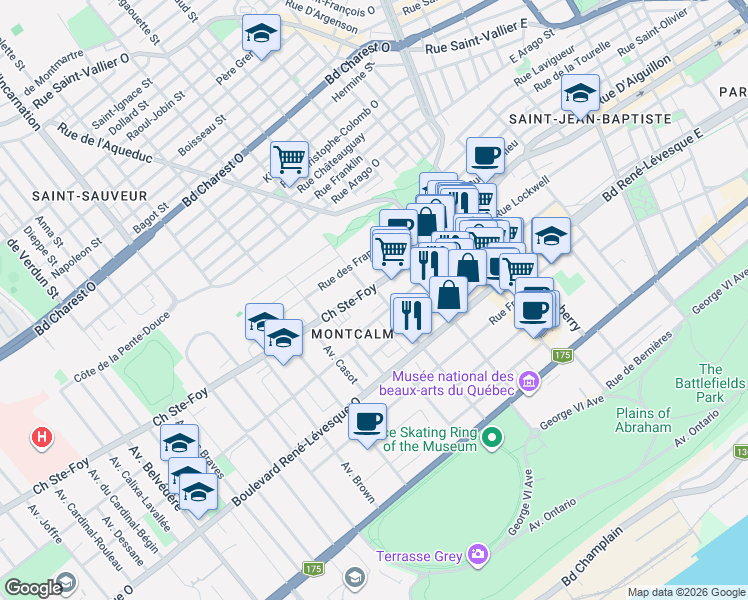 map of restaurants, bars, coffee shops, grocery stores, and more near 800 Avenue des Érables in Québec