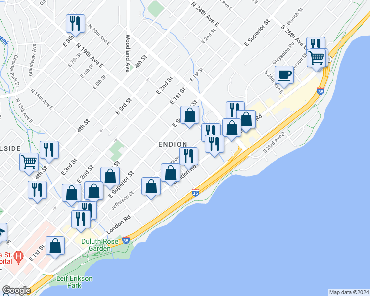 map of restaurants, bars, coffee shops, grocery stores, and more near 1912 Greysolon Road in Duluth