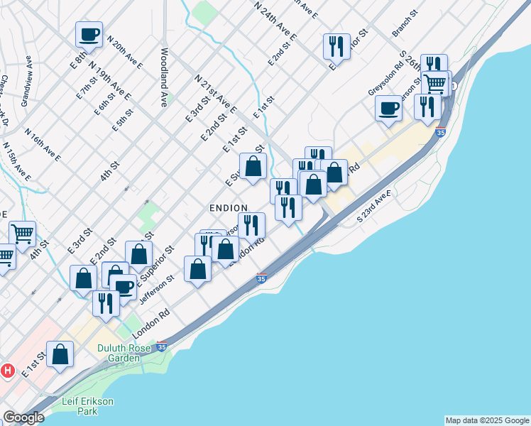 map of restaurants, bars, coffee shops, grocery stores, and more near 1932 Jefferson Street in Duluth