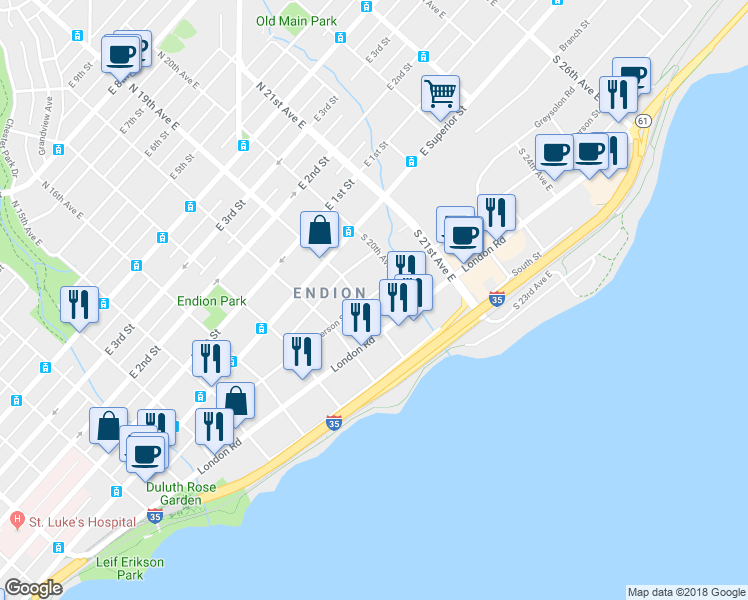 map of restaurants, bars, coffee shops, grocery stores, and more near 1912 Greysolon Road in Duluth