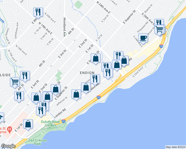 map of restaurants, bars, coffee shops, grocery stores, and more near 1912 Greysolon Road in Duluth