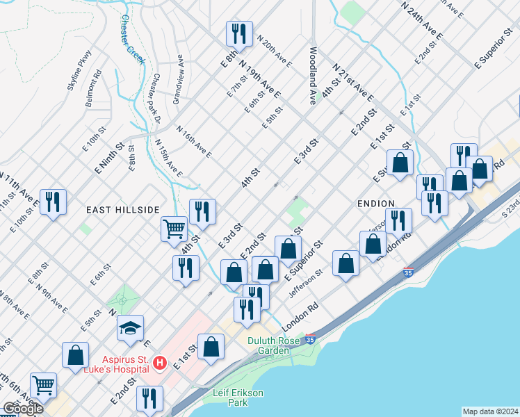 map of restaurants, bars, coffee shops, grocery stores, and more near in Duluth