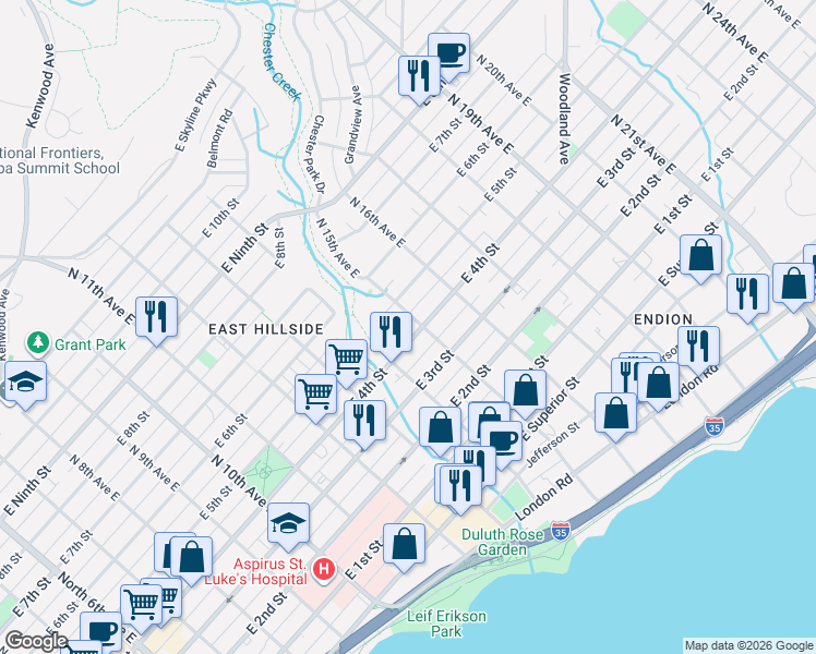 map of restaurants, bars, coffee shops, grocery stores, and more near 425 North 15th Avenue East in Duluth