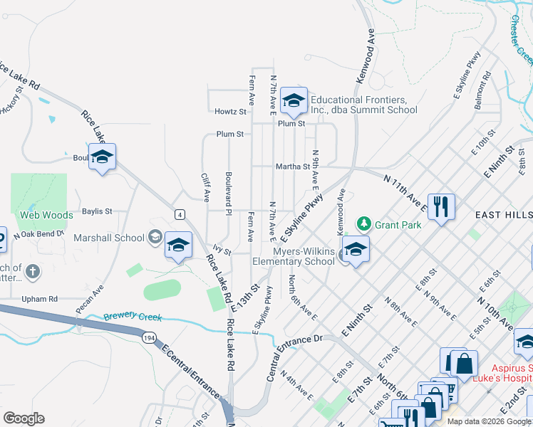 map of restaurants, bars, coffee shops, grocery stores, and more near 1410 North 7th Avenue East in Duluth