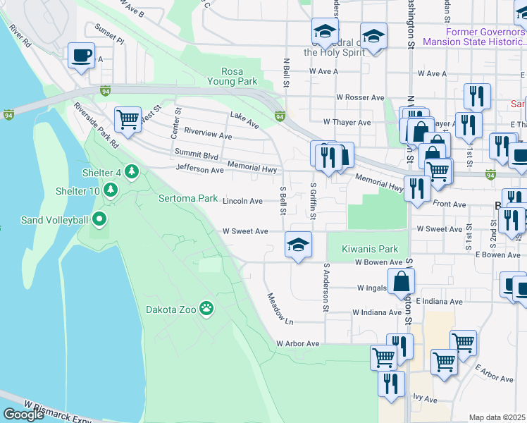 map of restaurants, bars, coffee shops, grocery stores, and more near 821 Lincoln Avenue in Bismarck