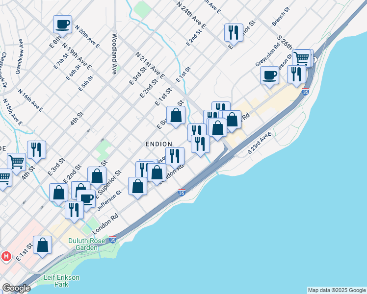 map of restaurants, bars, coffee shops, grocery stores, and more near 1908 Jefferson Street in Duluth