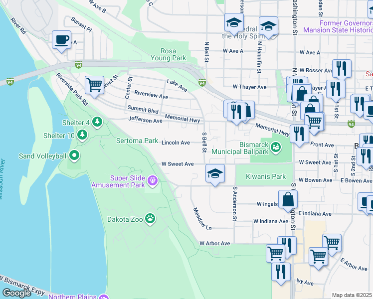 map of restaurants, bars, coffee shops, grocery stores, and more near 820 Lincoln Avenue in Bismarck