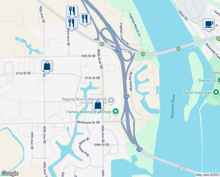 map of restaurants, bars, coffee shops, grocery stores, and more near 2500 46th Avenue Southeast in Mandan