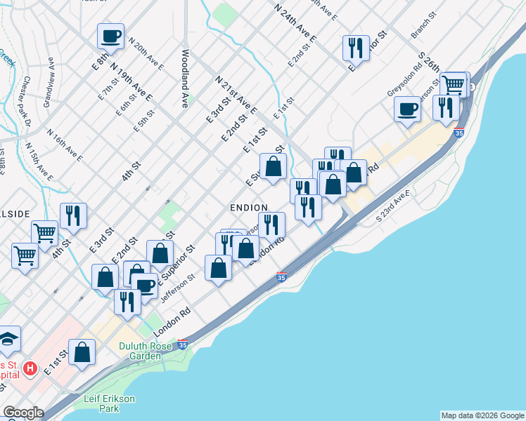 map of restaurants, bars, coffee shops, grocery stores, and more near 1912 Greysolon Road in Duluth