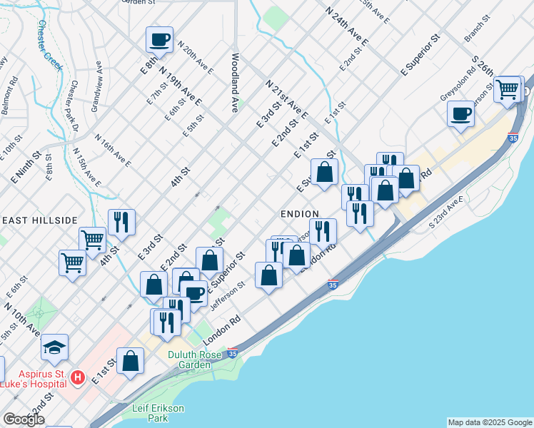 map of restaurants, bars, coffee shops, grocery stores, and more near 1729 East Superior Street in Duluth
