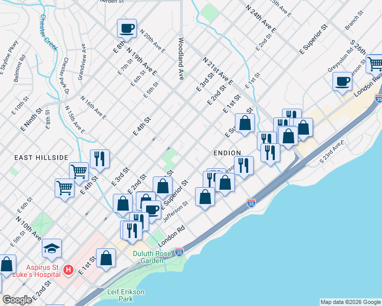 map of restaurants, bars, coffee shops, grocery stores, and more near 1717 East 1st Street in Duluth